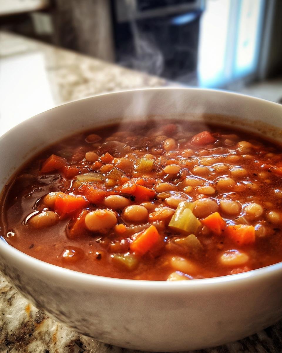 Nahaufnahme einer dampfenden Schüssel mit Vegane Serbische Weiße Bohnensuppe, reich an weißen Bohnen und Gemüsewürfeln.