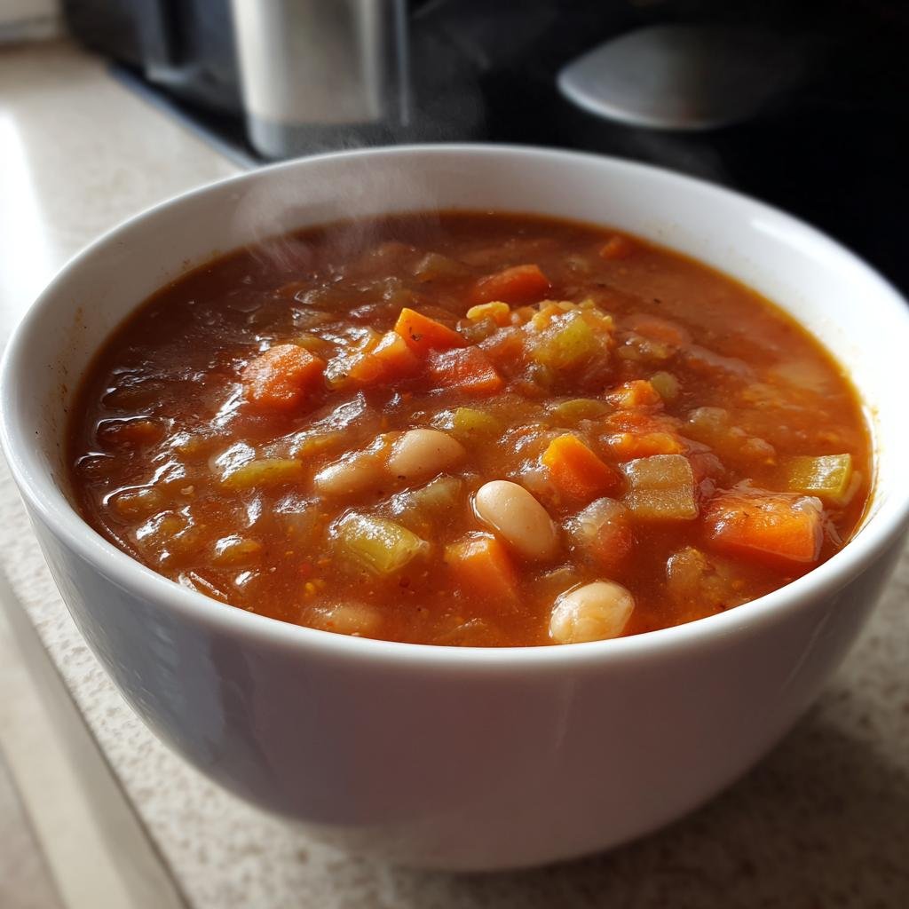 Nahaufnahme einer dampfenden Schüssel mit Vegane Serbische Weiße Bohnensuppe, reich an weißen Bohnen und Karottenstücken.