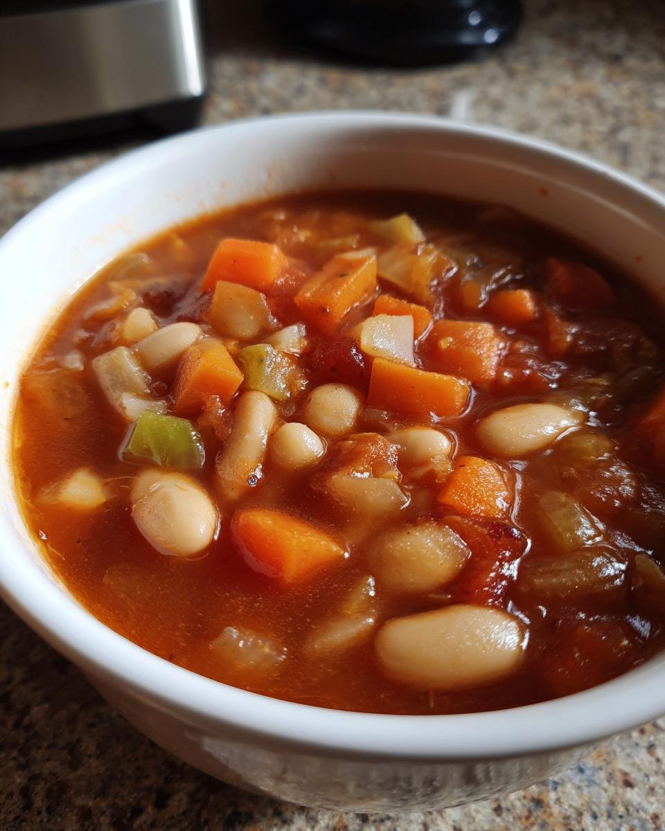 Nahaufnahme einer weißen Schüssel mit herzhafter Vegane Serbische Weiße Bohnensuppe, gefüllt mit weißen Bohnen, Karotten und Tomatenbrühe.