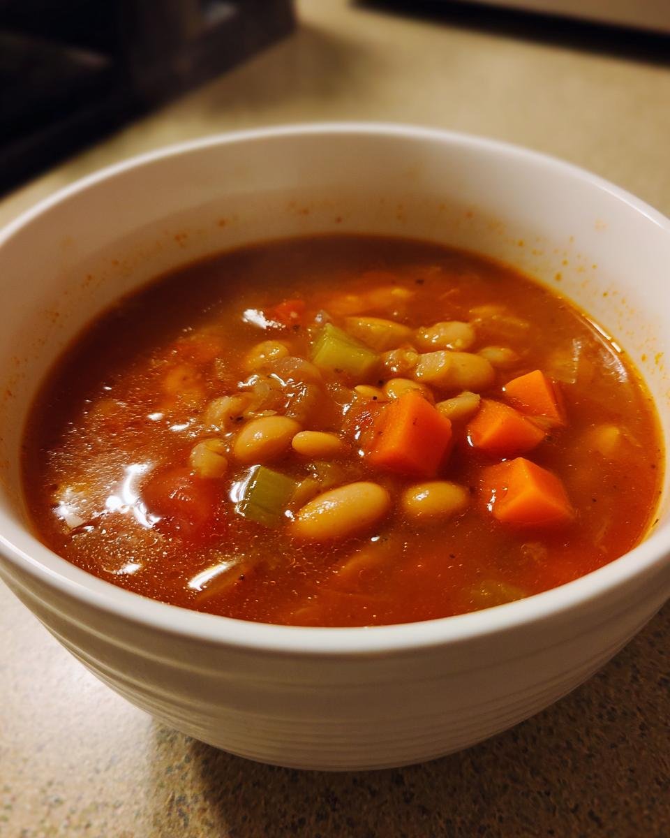 Nahaufnahme der Vegane Serbische Weiße Bohnensuppe mit weißen Bohnen, Karottenstücken und Sellerie in einer weißen Schüssel.