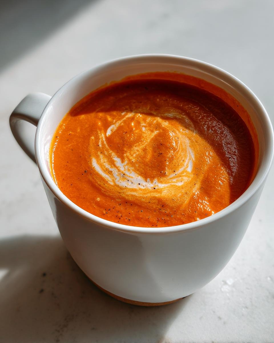 Nahaufnahme einer cremigen Vegane Tomaten-Linsensuppe mit Kokosmilch, verziert mit einem weißen Wirbel und schwarzem Pfeffer.