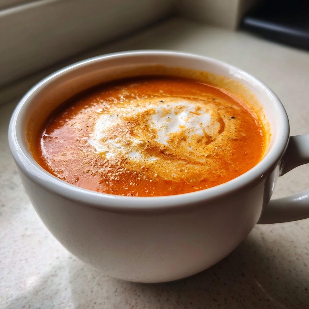 Nahaufnahme einer cremigen Vegane Tomaten-Linsensuppe mit Kokosmilch, garniert mit einem Klecks Kokoscreme.