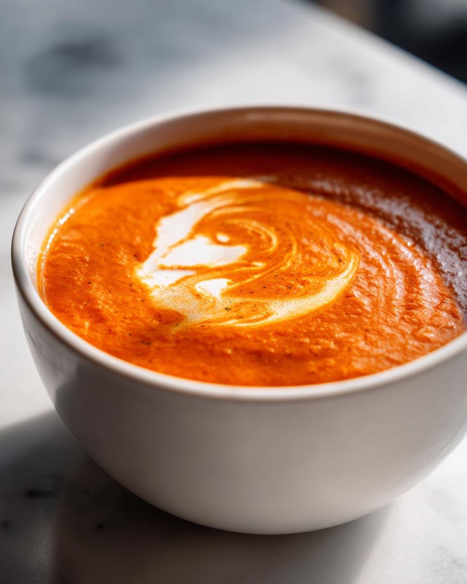 Nahaufnahme einer cremigen, orangefarbenen Vegane Tomaten-Linsensuppe mit Kokosmilch, verziert mit einem weißen Swirl.