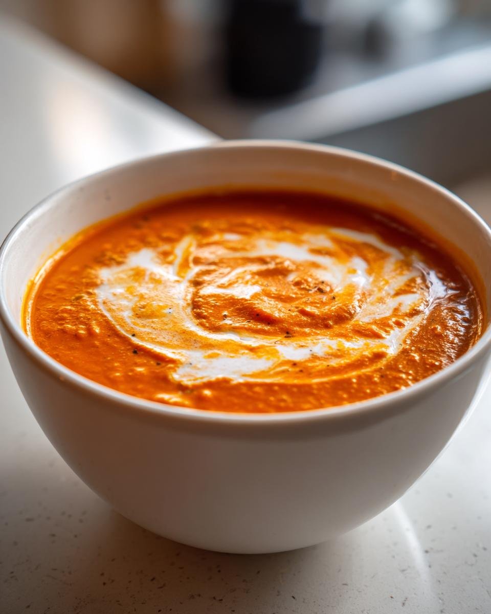 Nahaufnahme einer cremigen Vegane Tomaten-Linsensuppe mit Kokosmilch, verziert mit einem Kokosmilch-Wirbel.