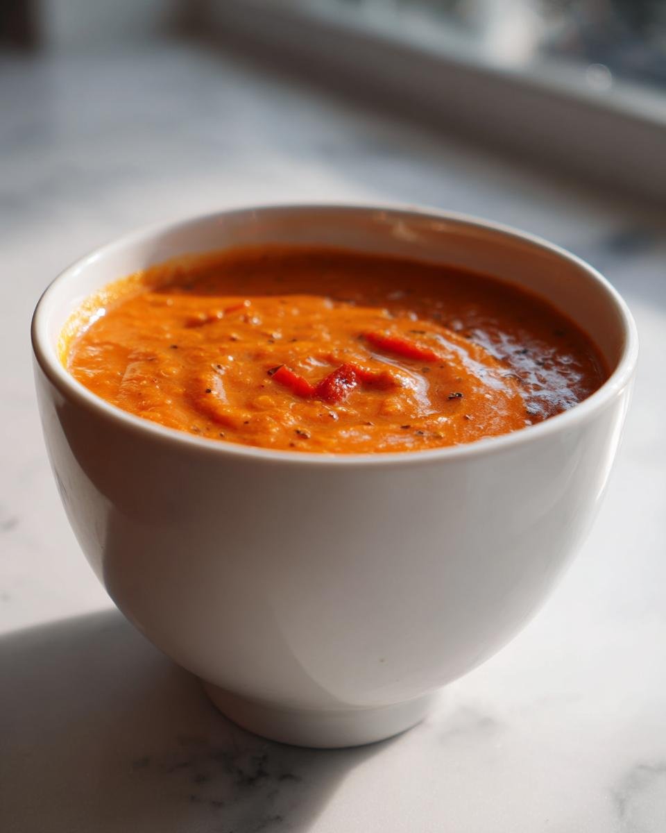 Eine Schale mit cremiger Vegane Tomaten-Linsensuppe mit Kokosmilch, garniert mit kleinen roten Tomatenstücken.