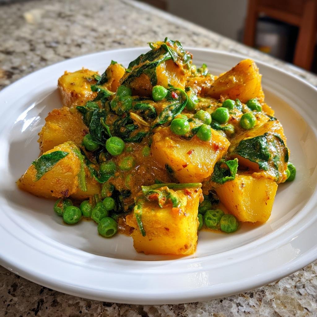 Nahaufnahme eines Veganes Kartoffelcurry mit großen Kartoffelstücken, leuchtend grünen Erbsen und Spinat in einer cremigen, gelben Sauce.