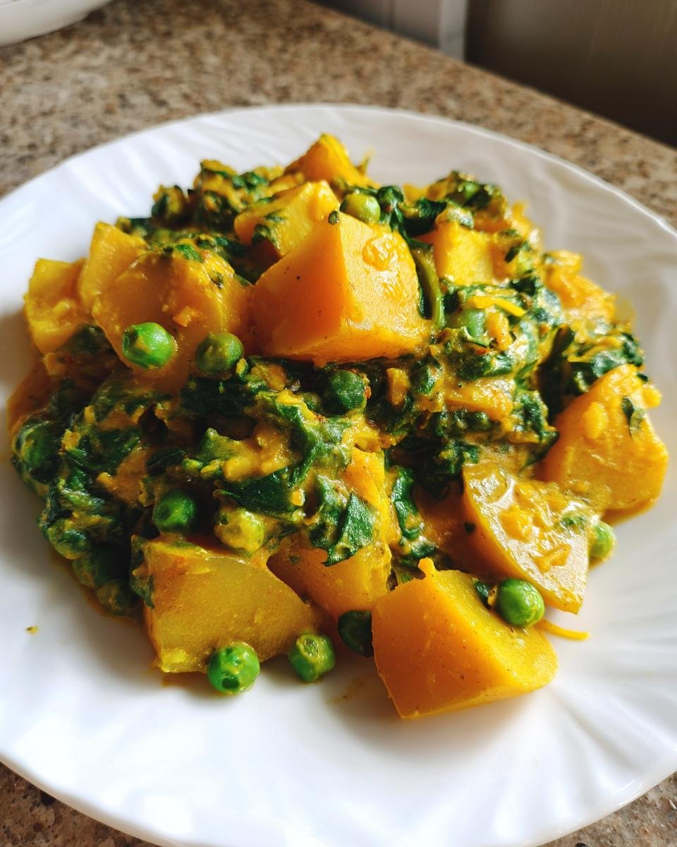 Nahaufnahme eines Veganes Kartoffelcurry mit großen Kartoffelstücken, grünem Spinat und Erbsen in einer gelben Sauce auf einem weißen Teller.