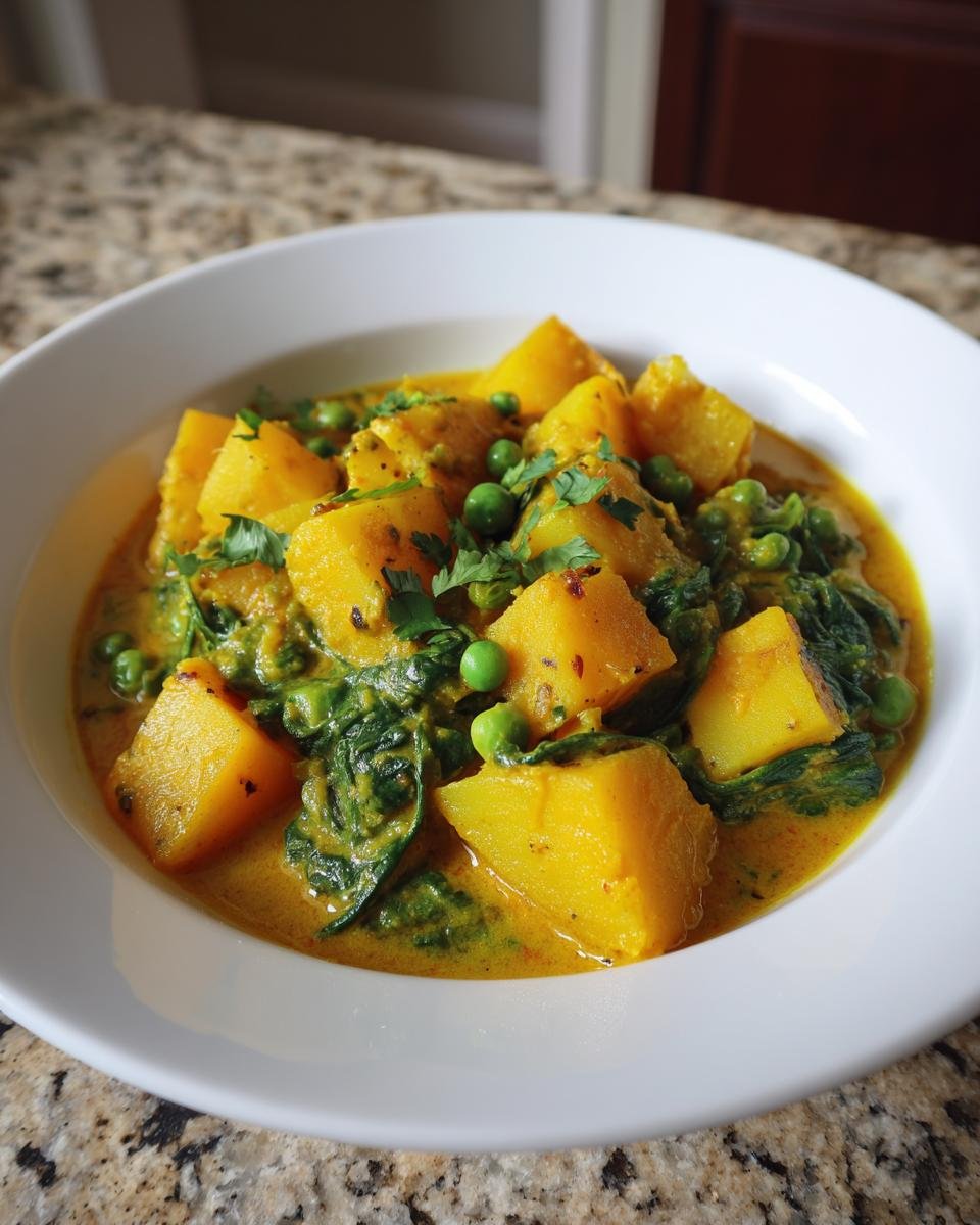 Nahaufnahme von Veganes Kartoffelcurry mit großen Kartoffelstücken, grünen Erbsen und Spinat in einer cremigen, gelben Sauce.