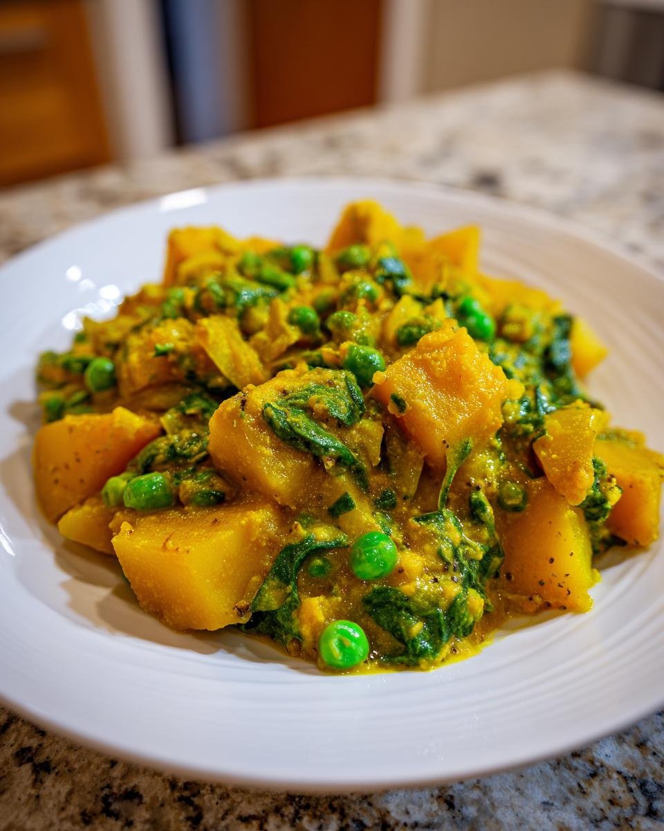 Nahaufnahme eines Veganes Kartoffelcurry mit großen Kartoffelstücken, grünen Erbsen und Spinat in einer gelben Sauce.