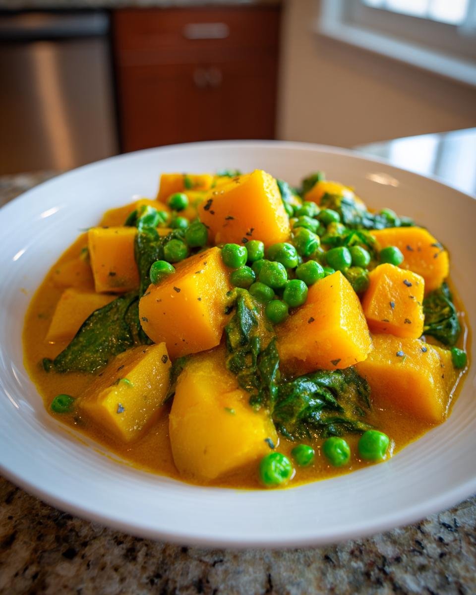 Nahaufnahme von Veganes Kartoffelcurry mit großen gelben Kartoffelstücken, Spinat und grünen Erbsen in einer cremigen Sauce.