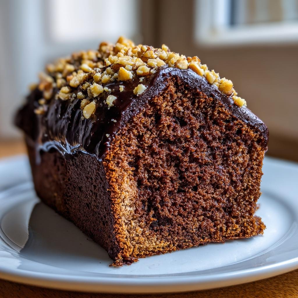 Anschnitt eines saftigen Walnusskuchen Rezept mit dunkler Schokoladenglasur und gehackten Walnüssen.