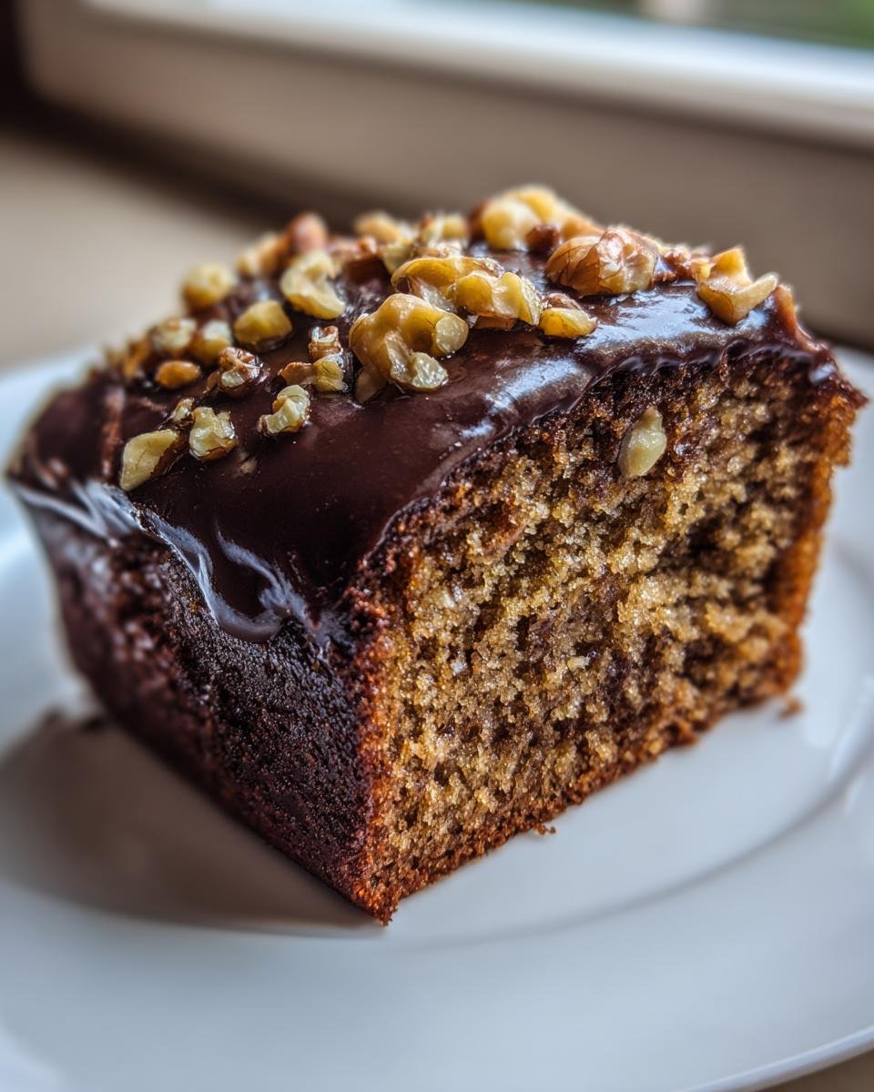 Ein saftiges Stück Walnusskuchen Rezept mit dunkler Schokoladenglasur und gehackten Walnüssen.