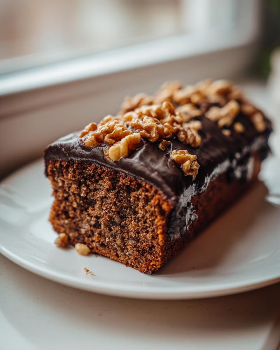 Ein saftiges Stück Walnusskuchen Rezept mit dunkler Schokoladenglasur und ganzen Walnüssen obendrauf.