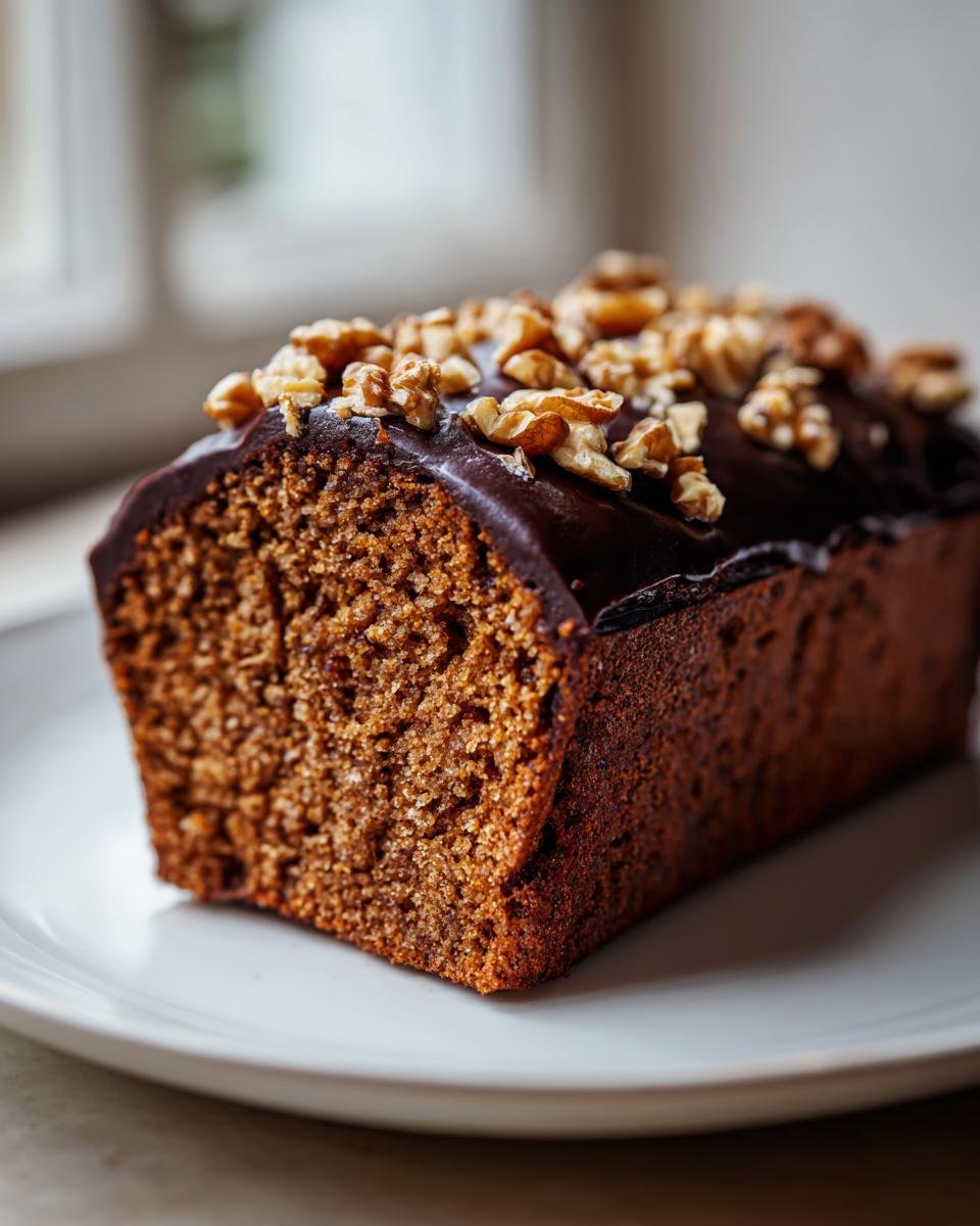 Nahaufnahme eines saftigen Stücks Walnusskuchen Rezept mit dunkler Schokoladenglasur und gehackten Walnüssen.
