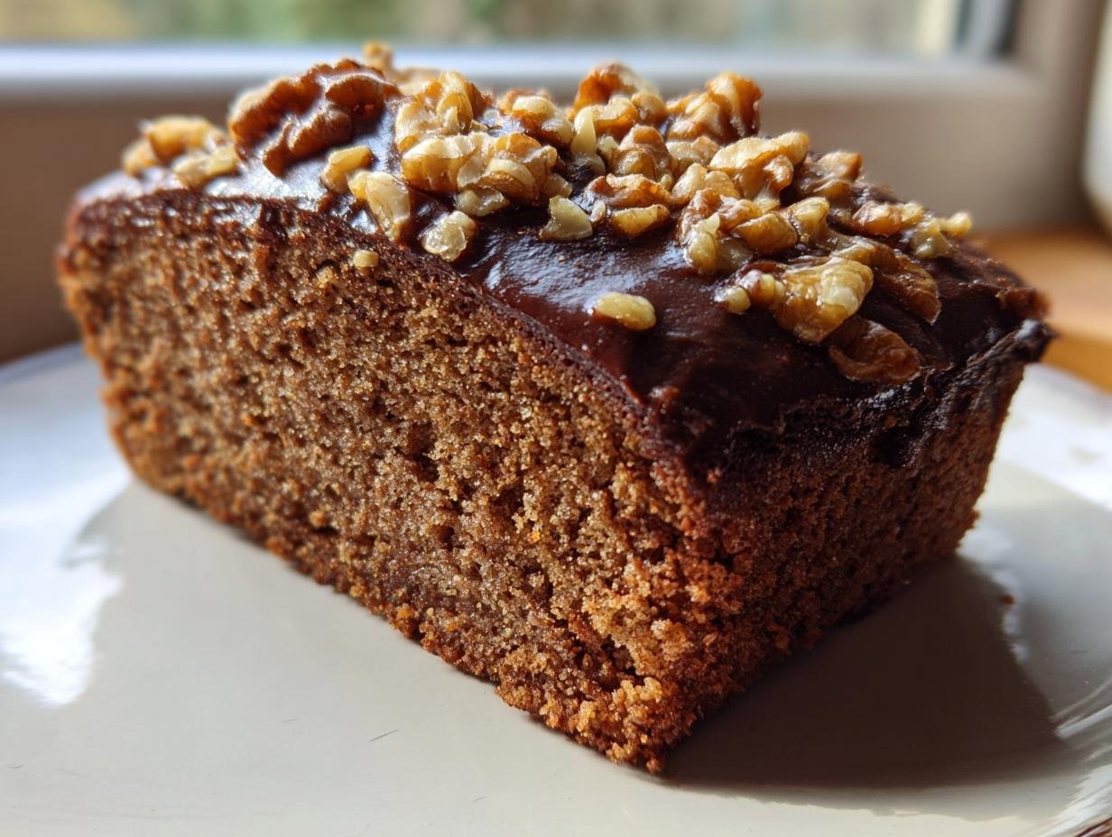 Nahaufnahme eines saftigen Stücks Walnusskuchen Rezept, bedeckt mit dunkler Schokoladenglasur und gehackten Walnüssen.