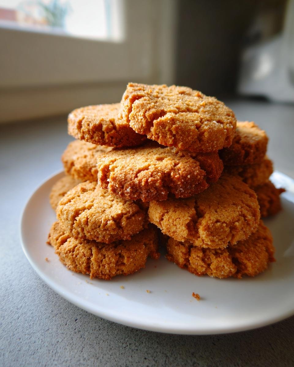 Stapel von goldbraunen, Weihnachtliche Plätzchen (Keksen) auf einem weißen Teller, frisch aus dem Airfryer.