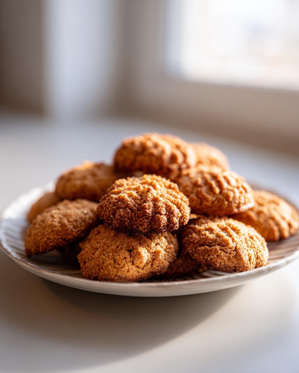 Stapel von braunen, runden Weihnachtliche Plätzchen (Keksen) auf einem kleinen Teller, ideal für ein Airfryer-Rezept.