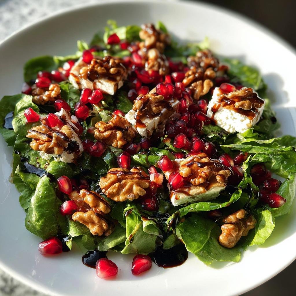 Nahaufnahme eines festlichen Weihnachts-Salat mit grünen Blättern, Granatapfelkernen, Walnüssen und Ziegenkäse.
