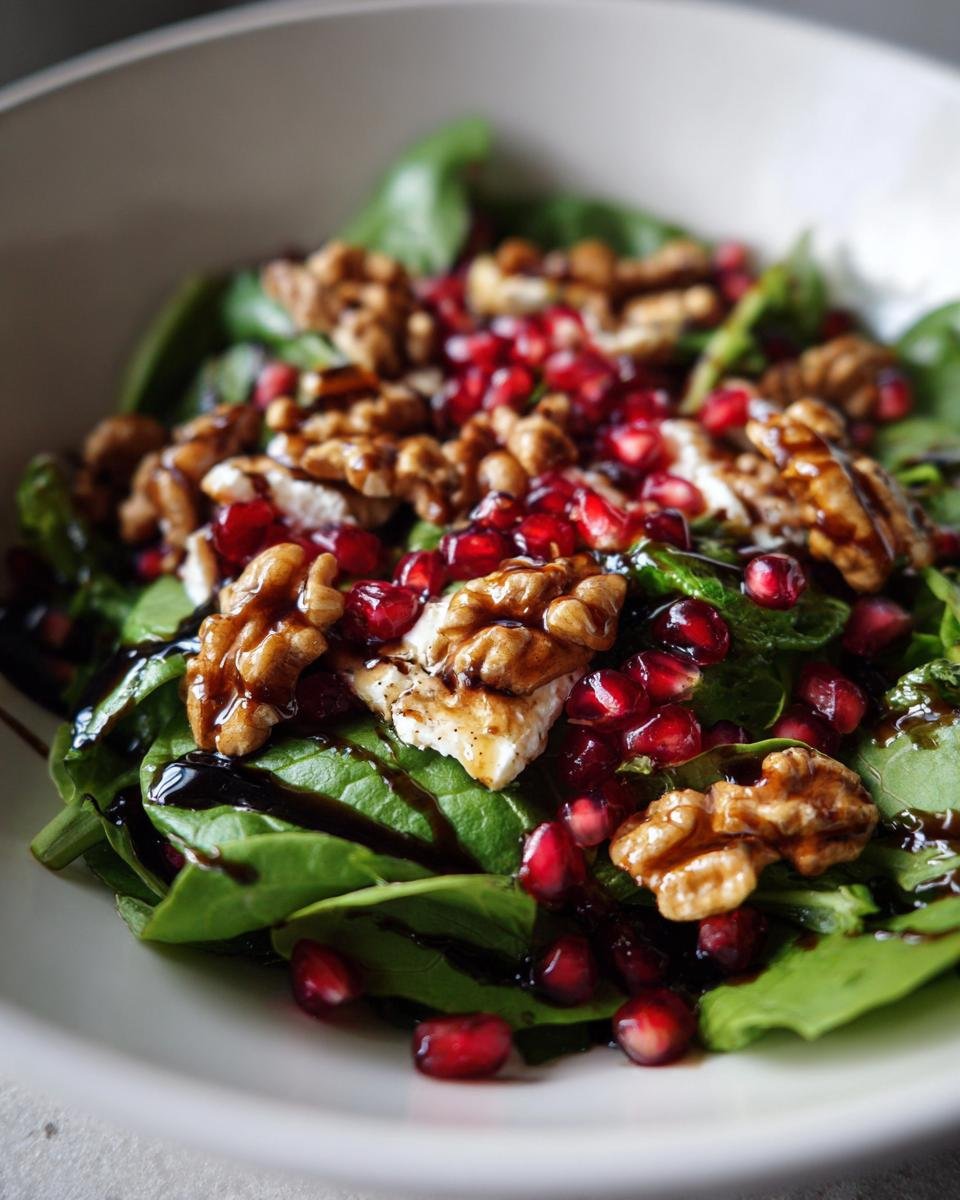 Nahaufnahme eines festlichen Weihnachts-Salat mit Spinat, Walnüssen, Granatapfelkernen und Balsamico-Dressing.