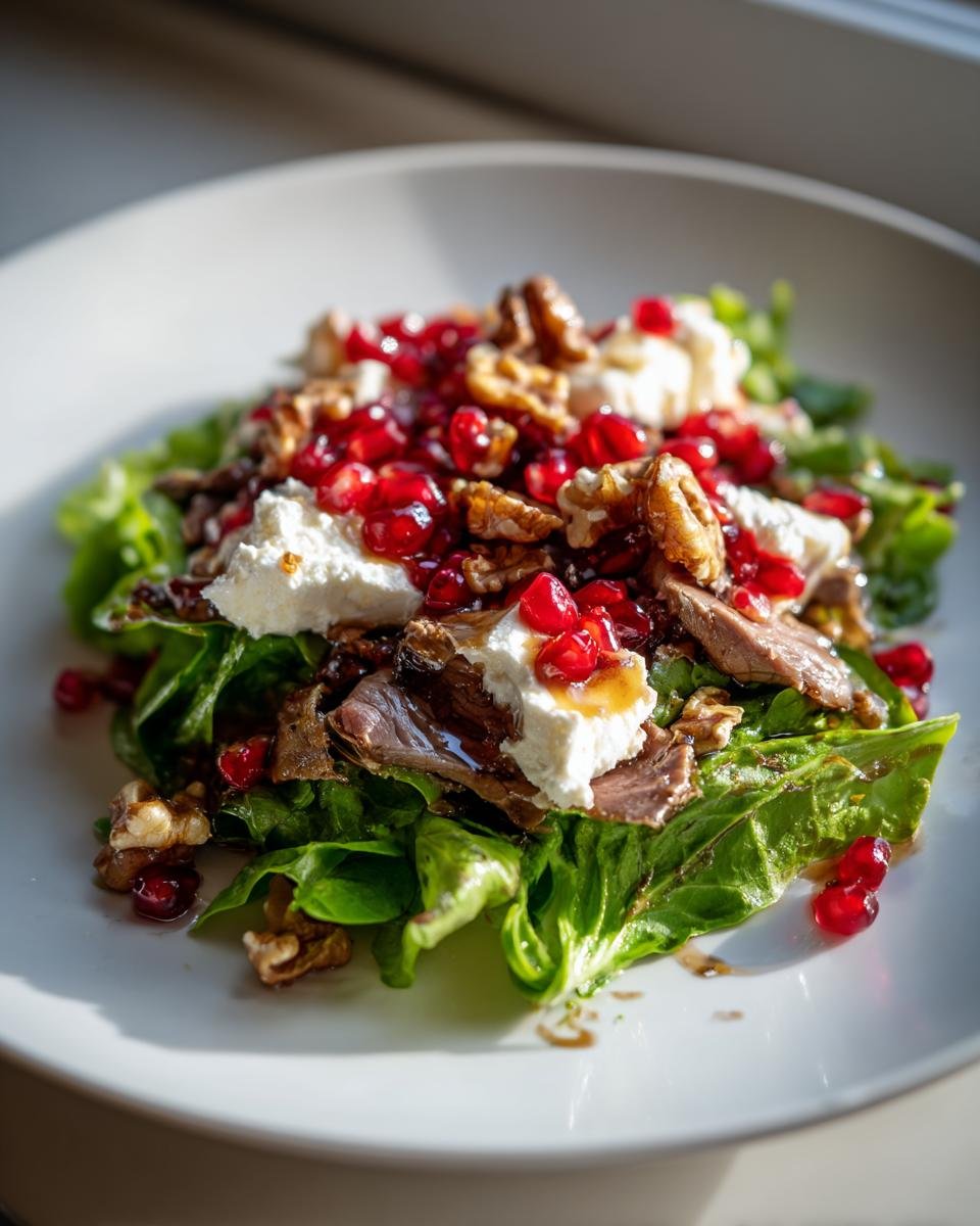 Nahaufnahme eines festlichen Weihnachts-Salat mit grünem Salat, Ziegenkäse, Walnüssen und Granatapfelkernen.
