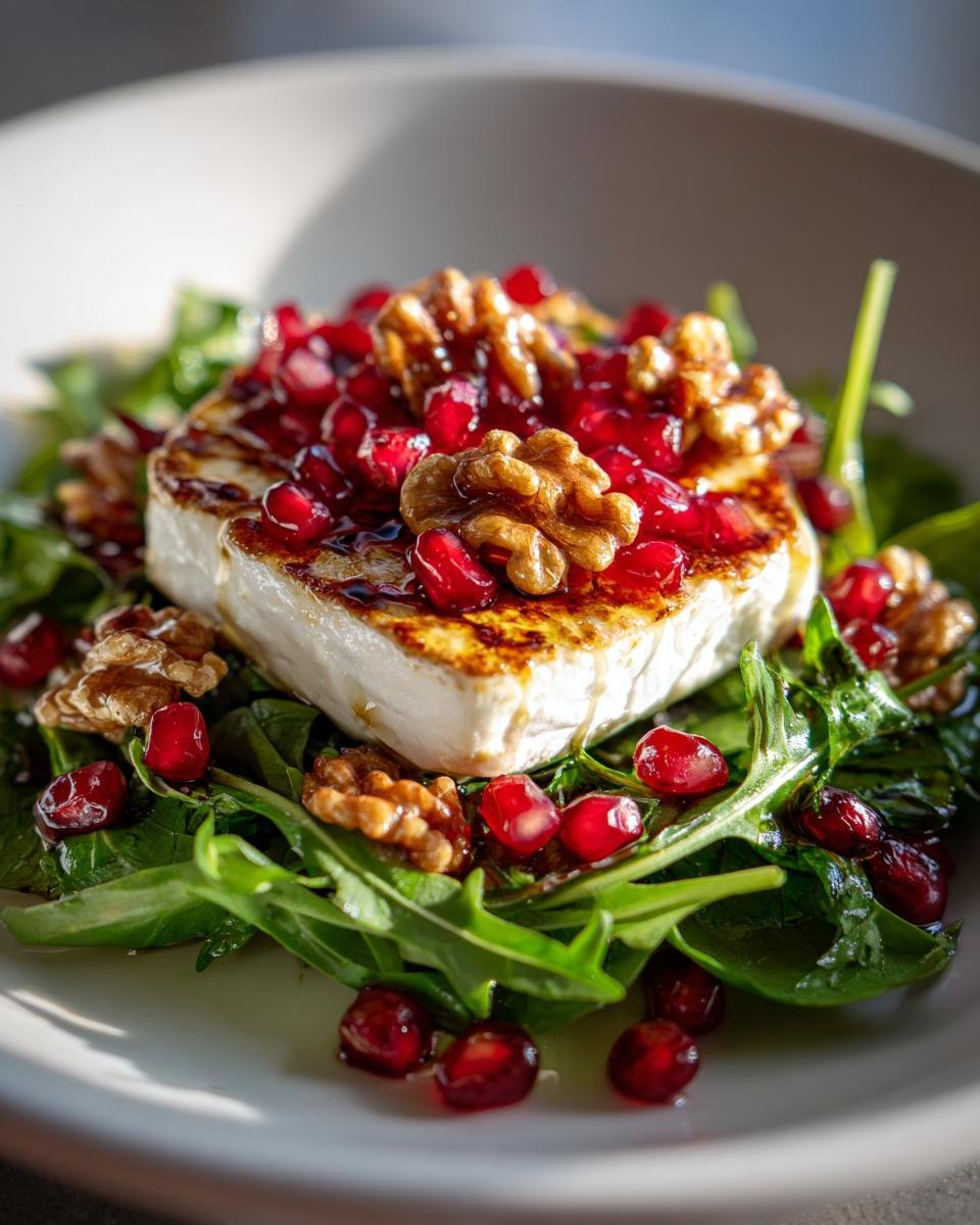 Nahaufnahme eines festlichen Weihnachts-Salat mit gebratenem Käse, Granatapfelkernen und Walnüssen auf Rucola.