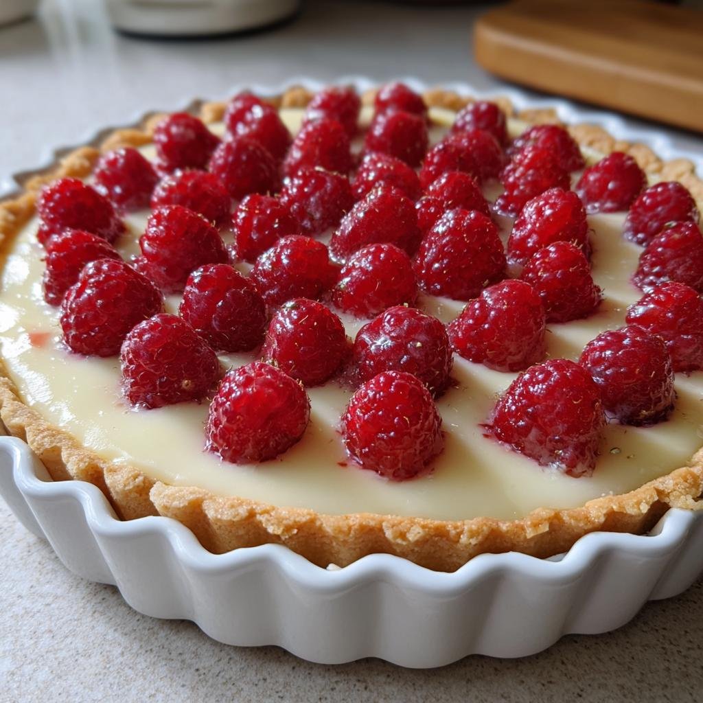 Nahaufnahme einer fertigen Weiße Schokoladentarte mit Himbeeren in einer weißen Tarteform.