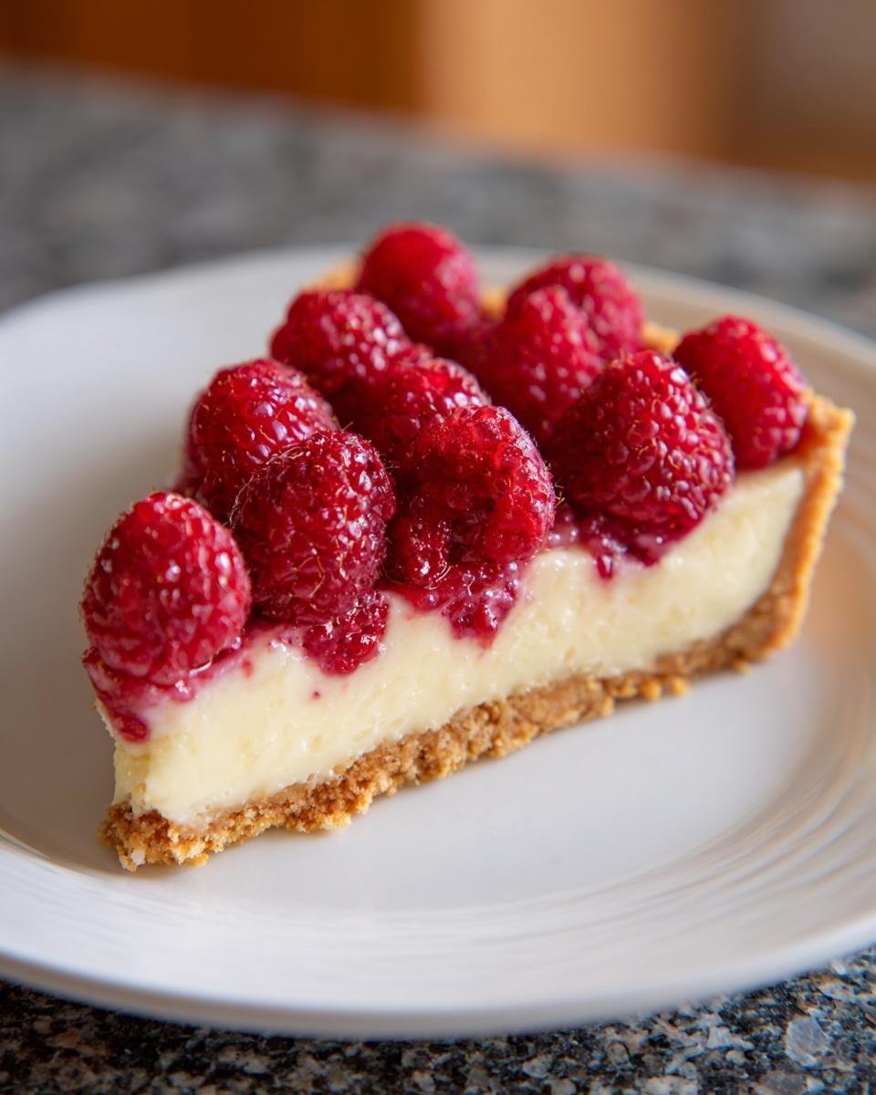 Nahaufnahme eines Stücks Weiße Schokoladentarte mit Himbeeren auf einem weißen Teller.