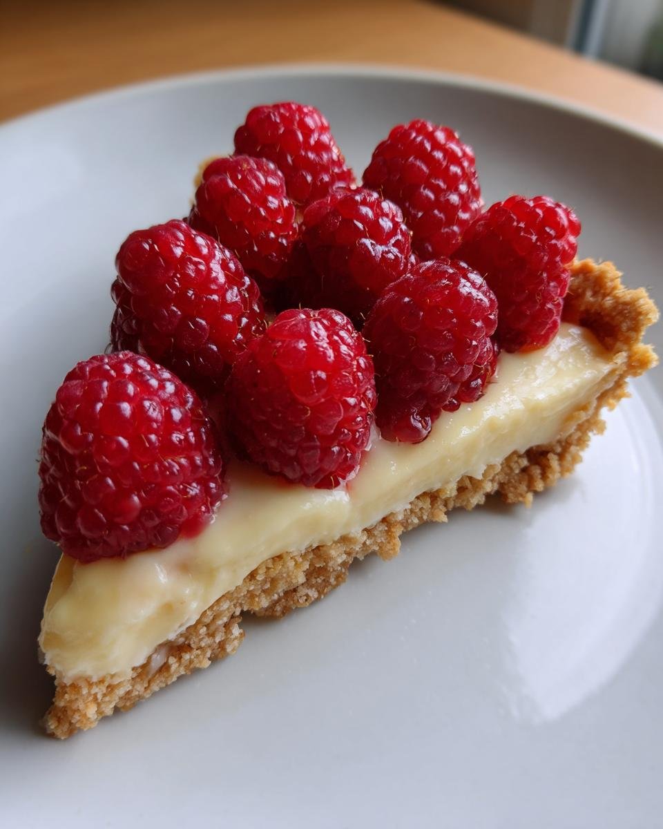 Nahaufnahme eines Stücks veganer Weiße Schokoladentarte mit Himbeeren auf einem weißen Teller.