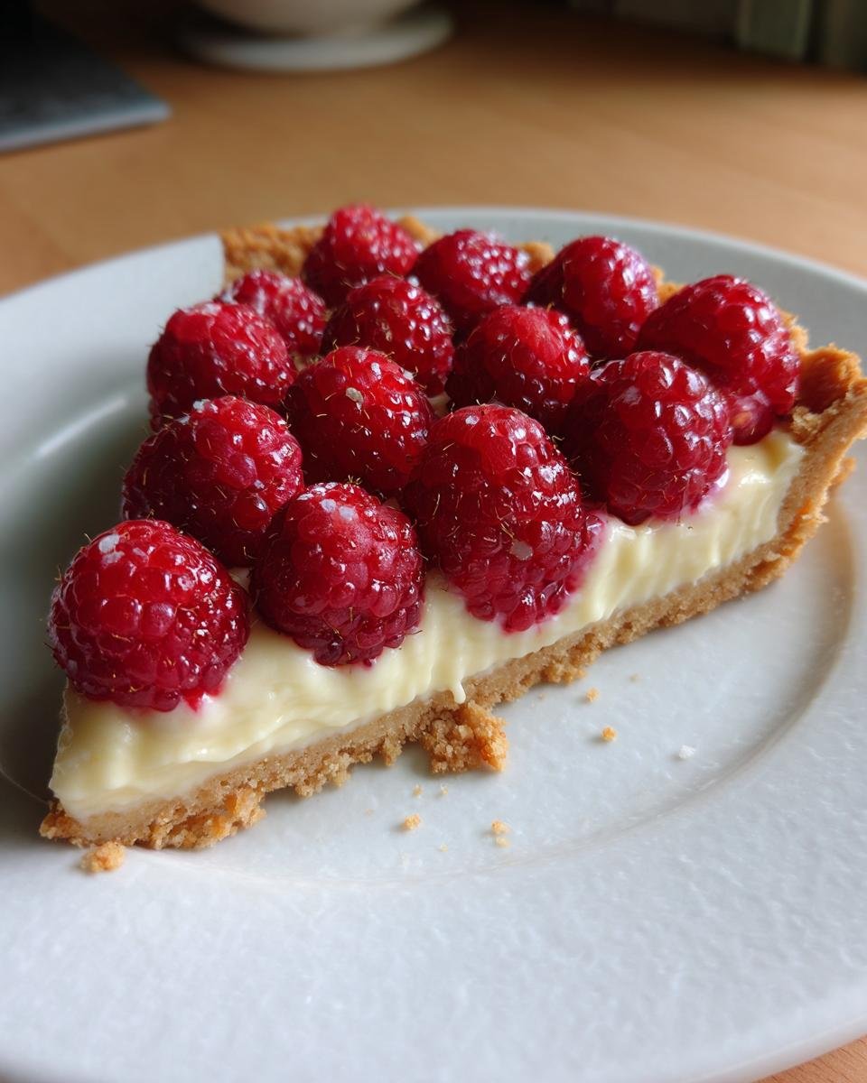 Nahaufnahme eines Stücks Weiße Schokoladentarte mit Himbeeren auf einem weißen Teller.