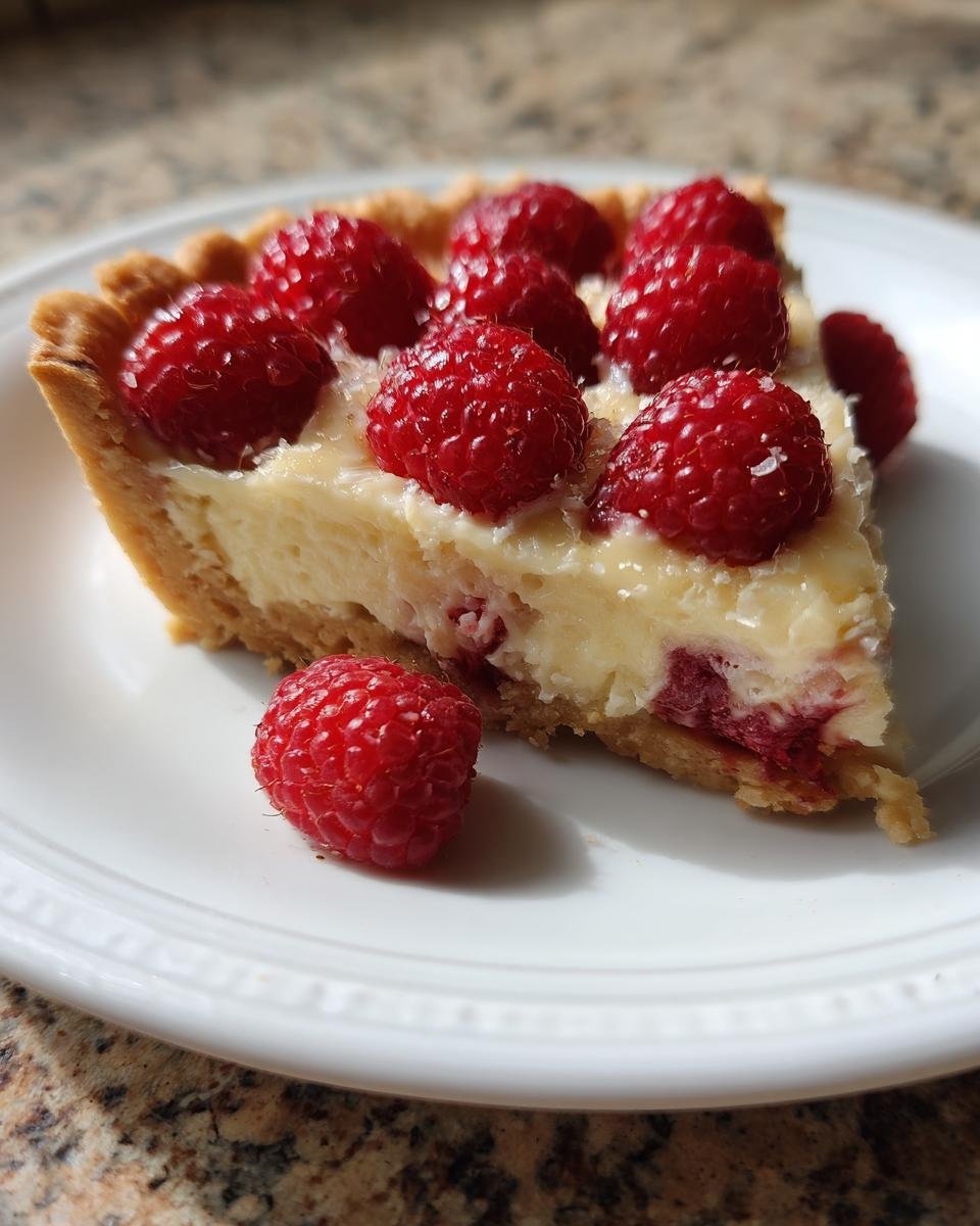 Ein Stück vegane und glutenfreie Weiße Schokoladentarte mit Himbeeren auf einem weißen Teller.