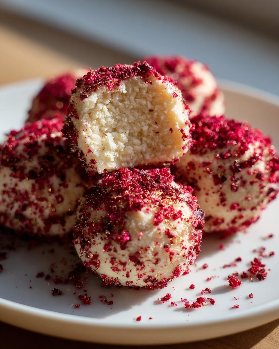 Nahaufnahme von weißen Trüffeln, bestreut mit roten Himbeerbröseln, die bombastisch schmecken.