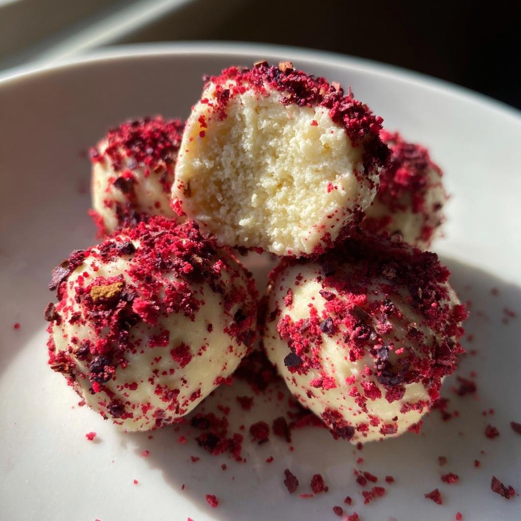 Vier weiße Trüffel, bestreut mit roten Himbeerstückchen, wobei einer halbiert ist, um die cremige Füllung zu zeigen. Weiße Trüffel schmecken bombastisch.