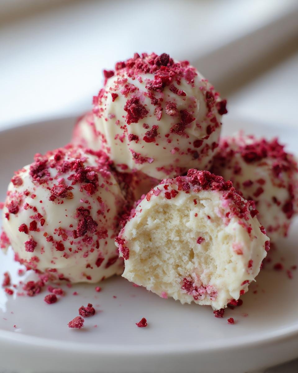 Weiße Trüffel mit weißer Schokolade und leuchtend roten Himbeerstückchen, die Schmecken bombastisch.