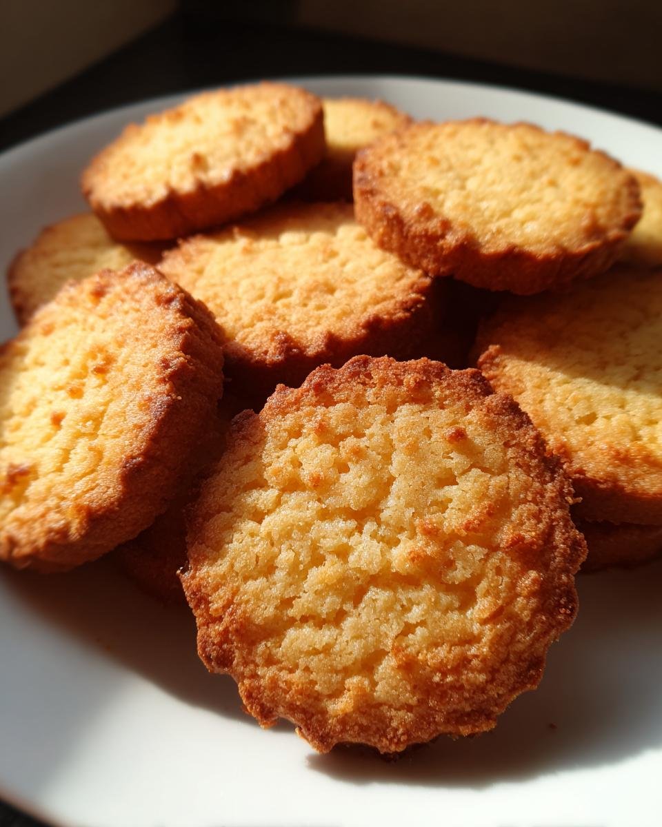 Nahaufnahme von goldbraunen, runden Wiener Plätzchen mit leicht gezacktem Rand, gestapelt auf einem weißen Teller.