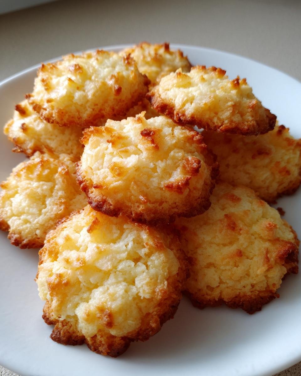 Ein Haufen goldbraun gebackener Wiener Plätzchen (Kokosmakronen) auf einem weißen Teller.