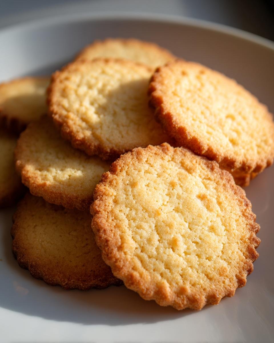 Nahaufnahme von mehreren goldbraunen, runden Wiener Plätzchen mit gezacktem Rand auf einem hellen Teller.