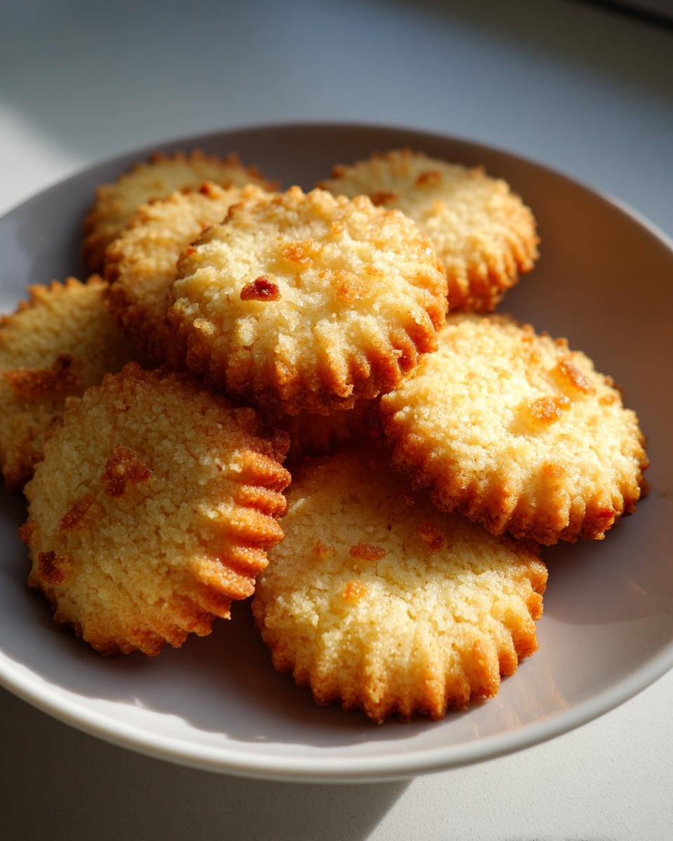 Ein Stapel goldbrauner, geriffelter Wiener Plätzchen auf einem hellgrauen Teller, beleuchtet durch natürliches Licht.