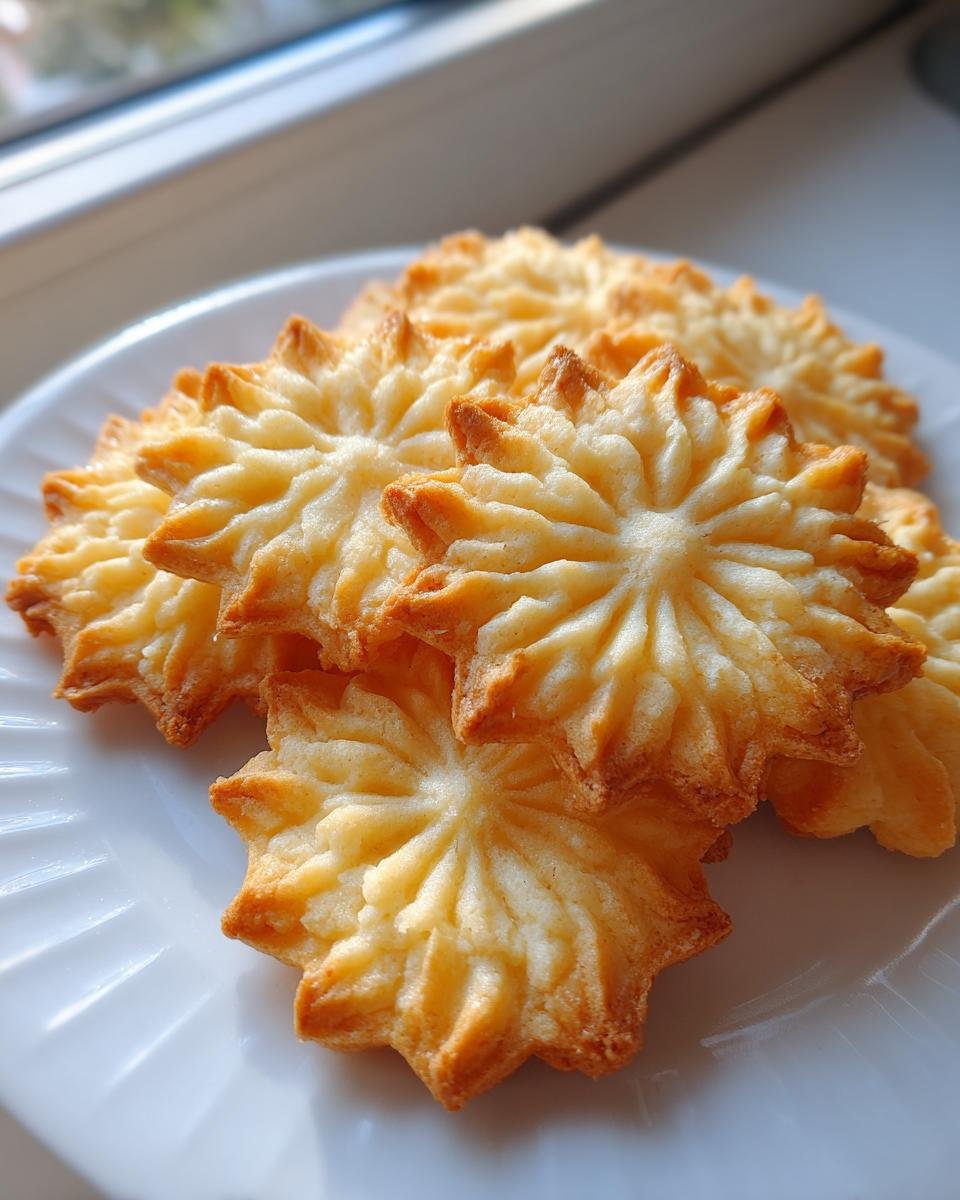 Ein Stapel frisch gebackener, sternförmiger Wiener Spritzgebäck Kekse auf einem weißen Teller.