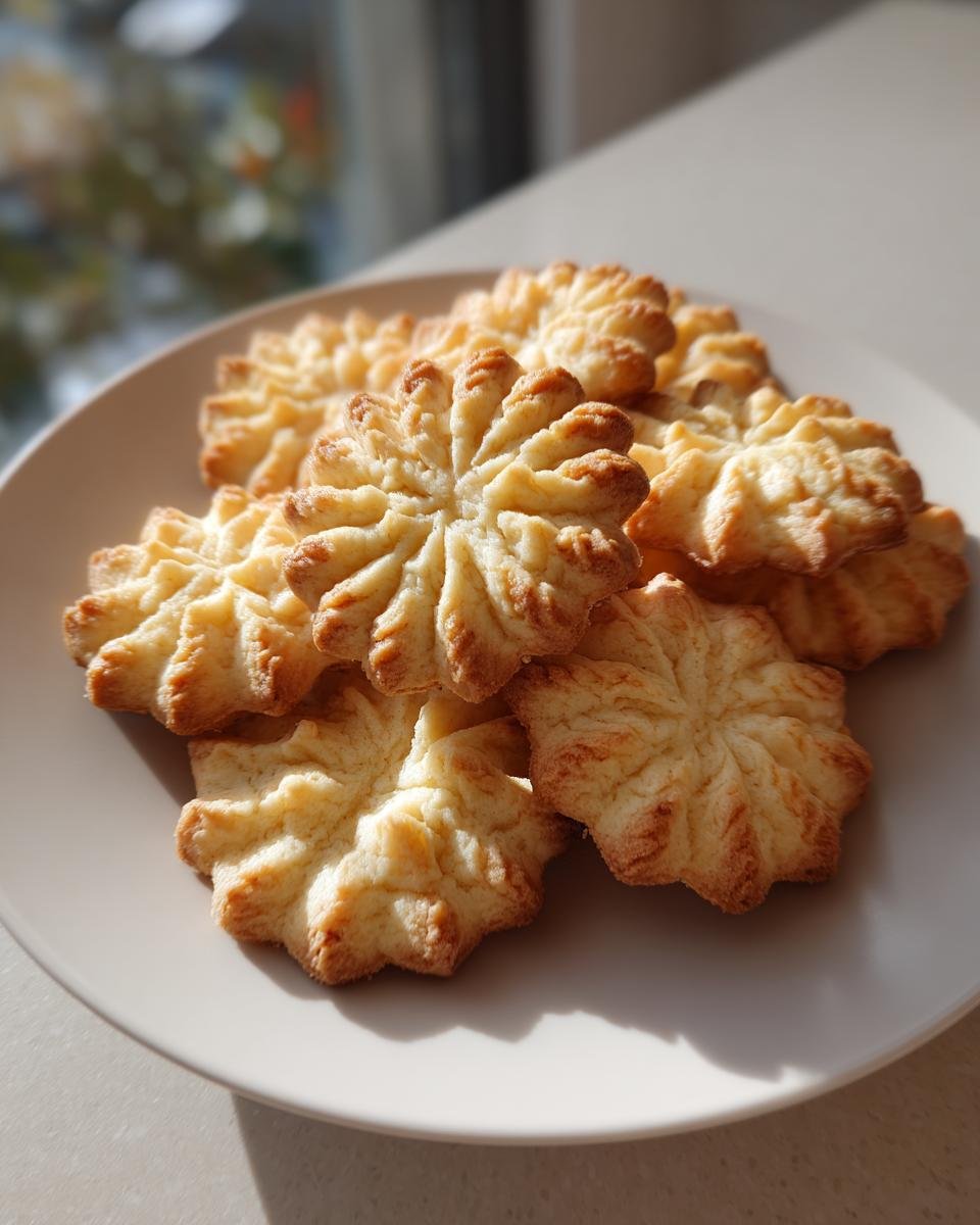 Ein Haufen goldbraun gebackener Wiener Spritzgebäck Kekse mit sternförmiger Textur auf einem hellen Teller.