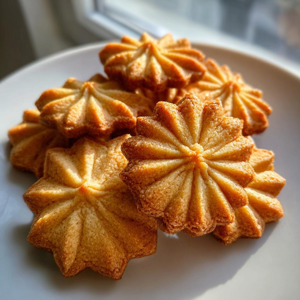 Nahaufnahme von goldbraun gebackenen Wiener Spritzgebäck in Sternform auf einem weißen Teller.