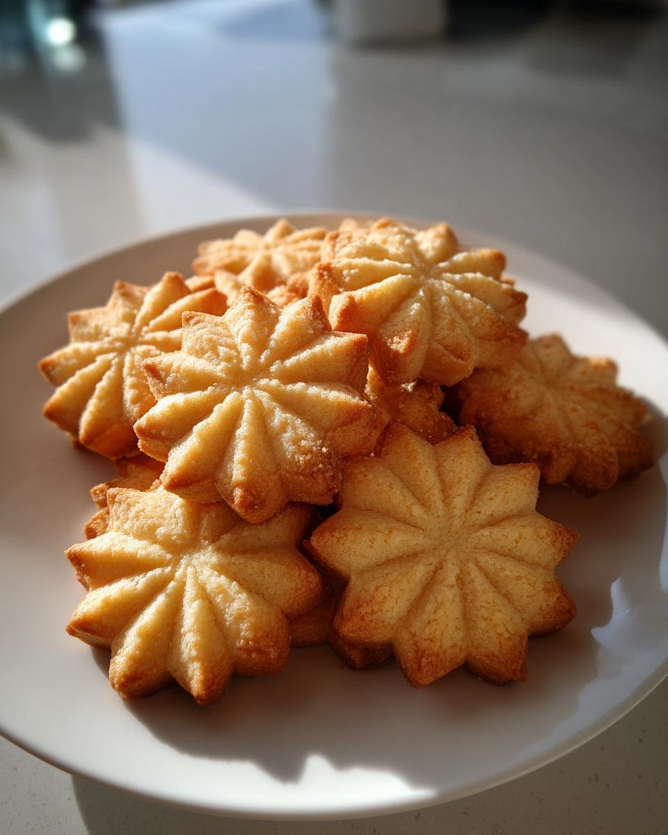 Ein Haufen frisch gebackenes, sternförmiges Wiener Spritzgebäck auf einem weißen Teller.