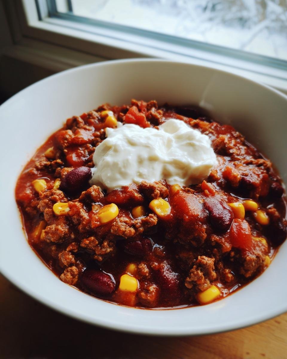 Nahaufnahme eines herzhaften Wikingertopf einfach selber machen Eintopfs mit Hackfleisch, Bohnen, Mais und einem Klecks saurer Sahne.