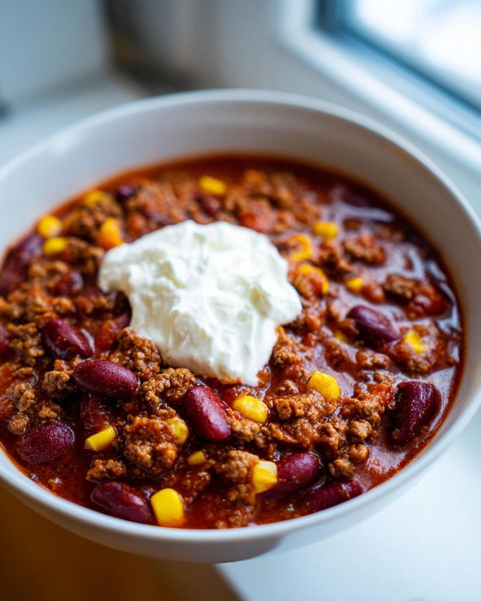 Eine Schüssel mit dem fertigen Wikingertopf einfach selber machen, garniert mit einem Klecks saurer Sahne.