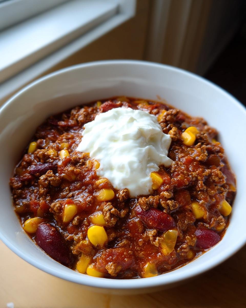 Nahaufnahme eines Wikingertopf einfach selber machen in einer weißen Schüssel, garniert mit einem Klecks saurer Sahne.