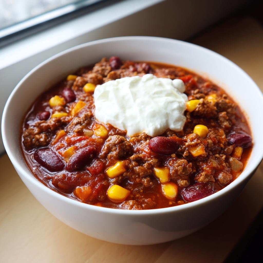 Eine Schüssel mit Wikingertopf einfach selber machen, reichhaltig mit Hackfleisch, Bohnen, Mais und einem Klecks saurer Sahne.