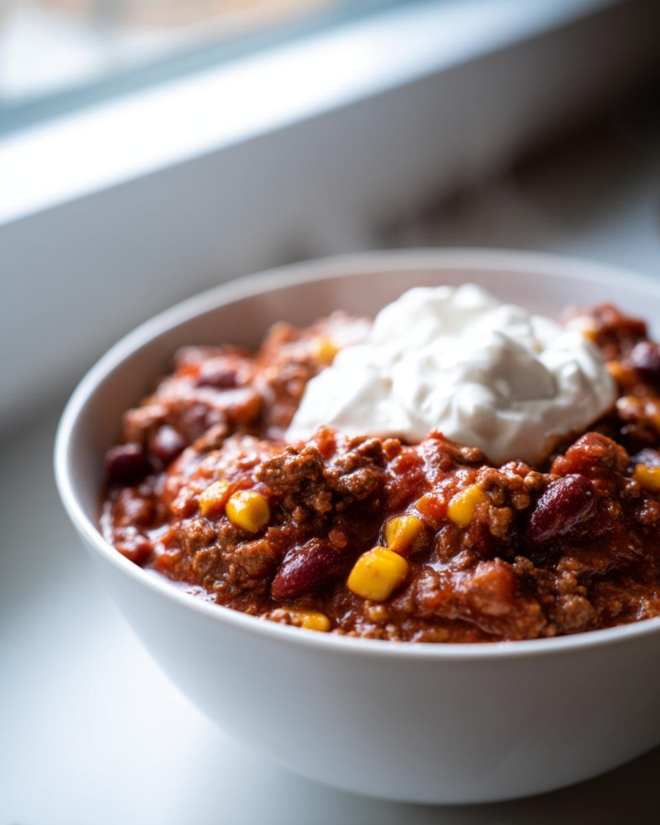 Nahaufnahme eines Wikingertopf einfach selber machen Gerichts in einer weißen Schüssel, garniert mit einem Klecks saurer Sahne.