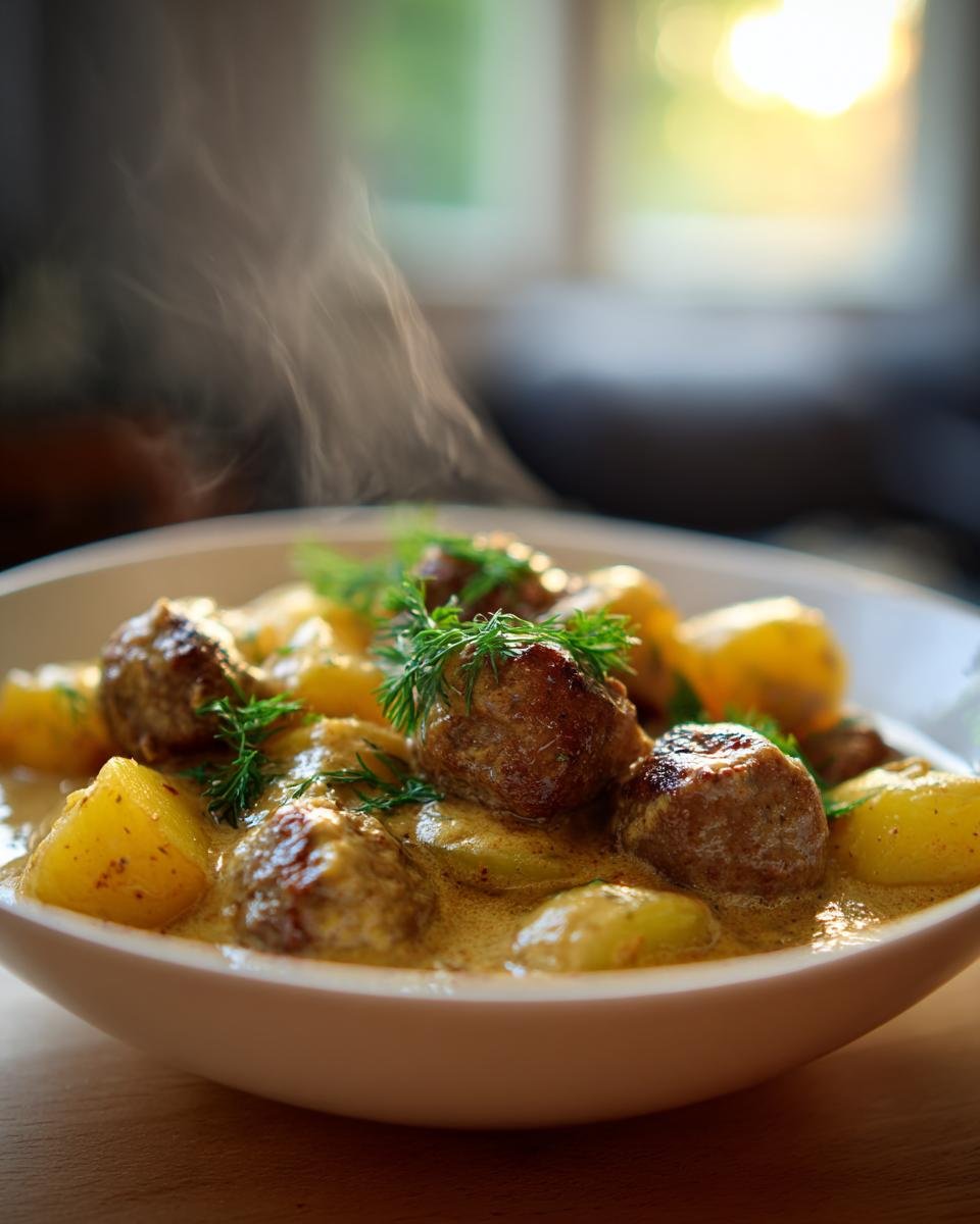 Nahaufnahme von dampfendem Wikingertopf mit Hackbällchen und Kartoffeln in cremiger Soße, garniert mit Dill.