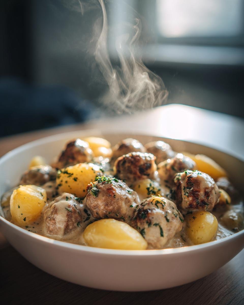 Nahaufnahme eines dampfenden Wikingertopf mit Hackbällchen und Kartoffeln in cremiger Soße.