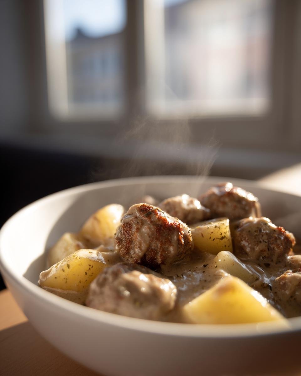 Nahaufnahme von dampfendem Wikingertopf mit Hackbällchen und Kartoffeln in einer weißen Schüssel.