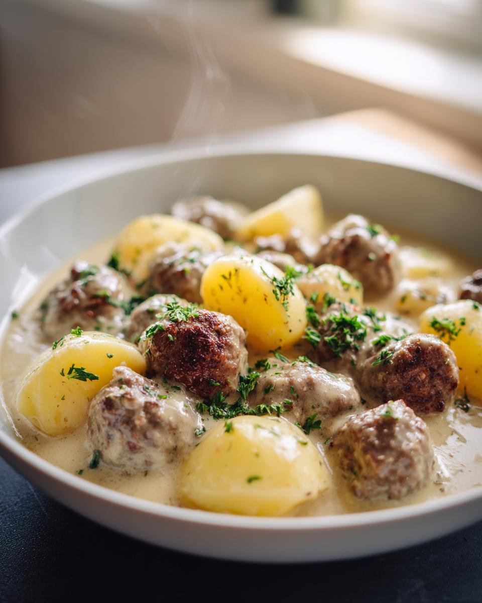 Nahaufnahme von dampfendem Wikingertopf mit Hackbällchen und gekochten Kartoffeln in cremiger Soße.